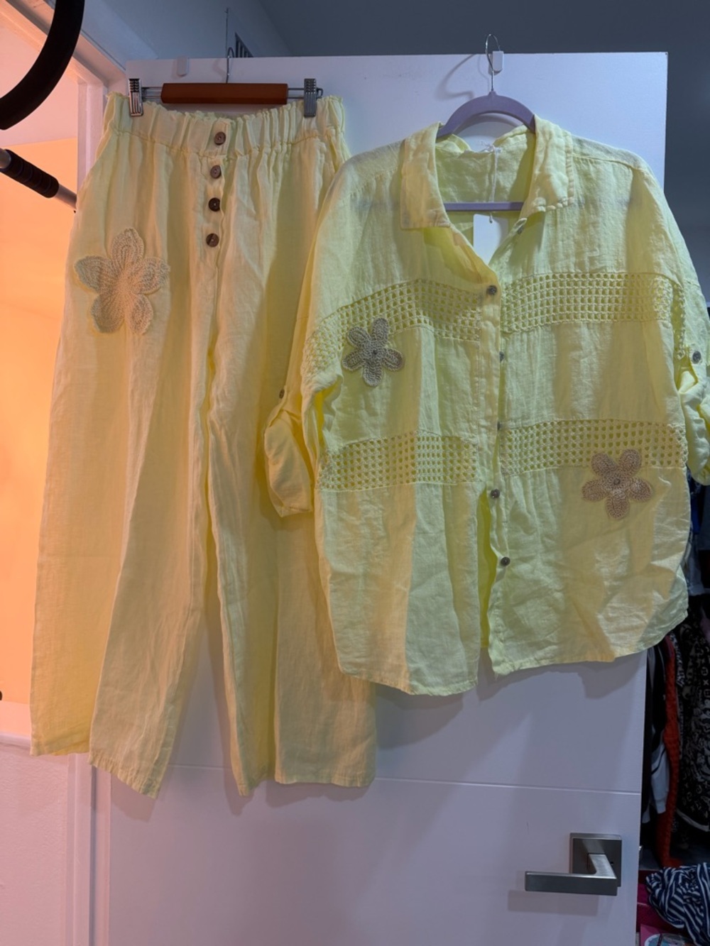 Light Yellow Linen Button-Front Top & Wide Leg Pants Set brand New 💯 Italian